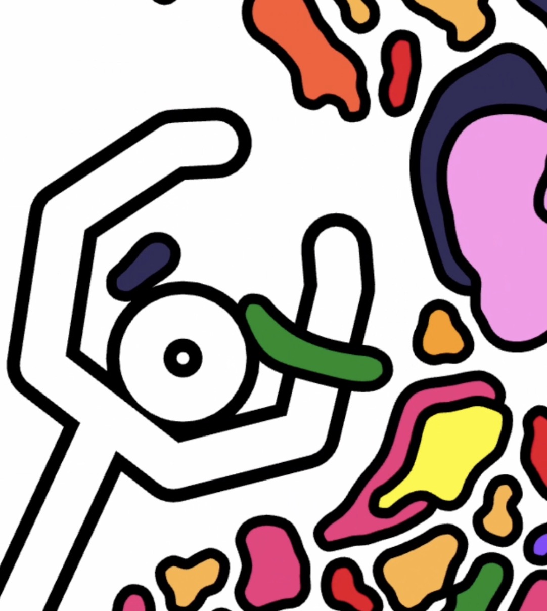 Interactive white figure dancing between colorful bobbly shapes