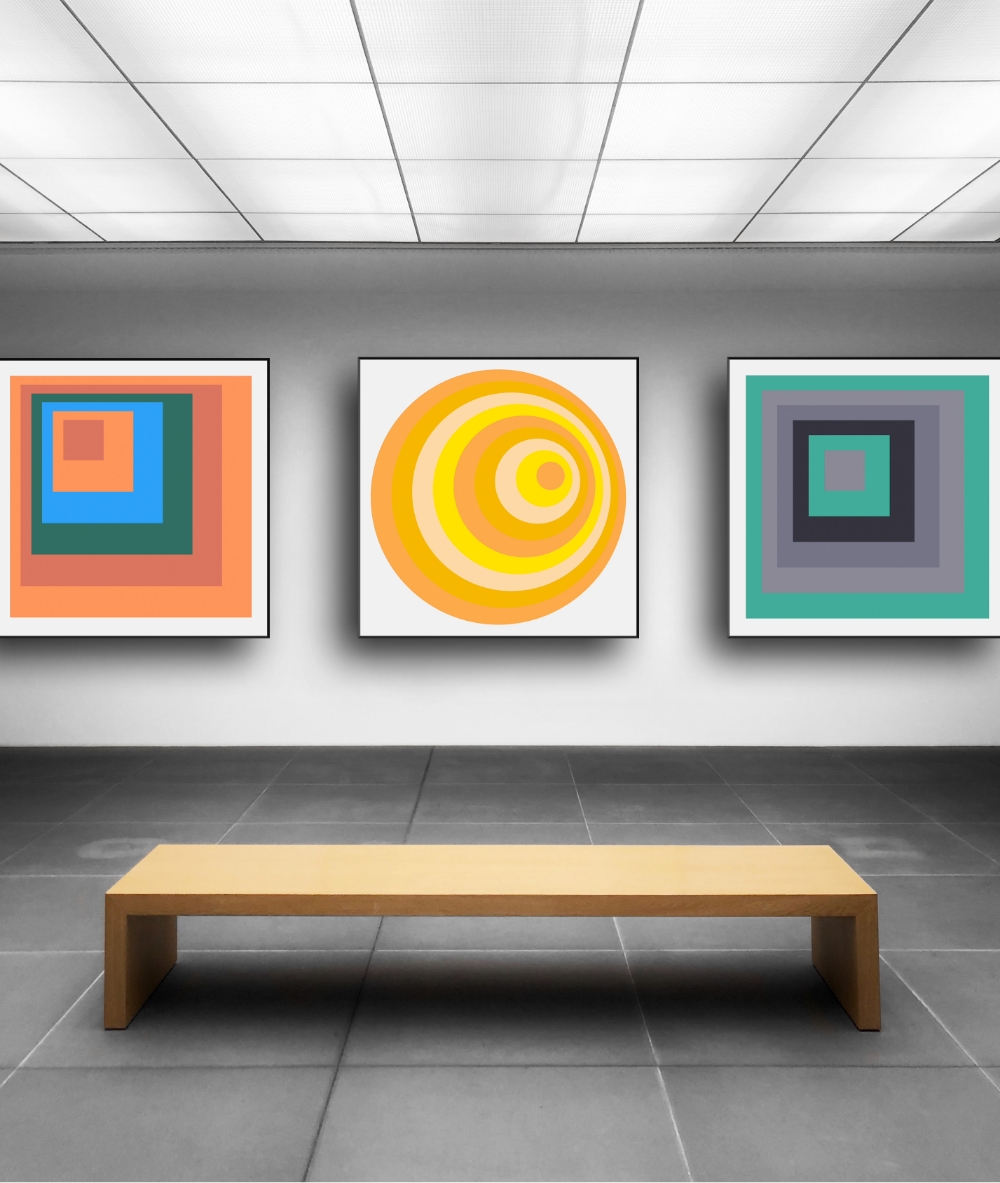 Josef Albers design generator. Colorful LED screens on a museum wall.