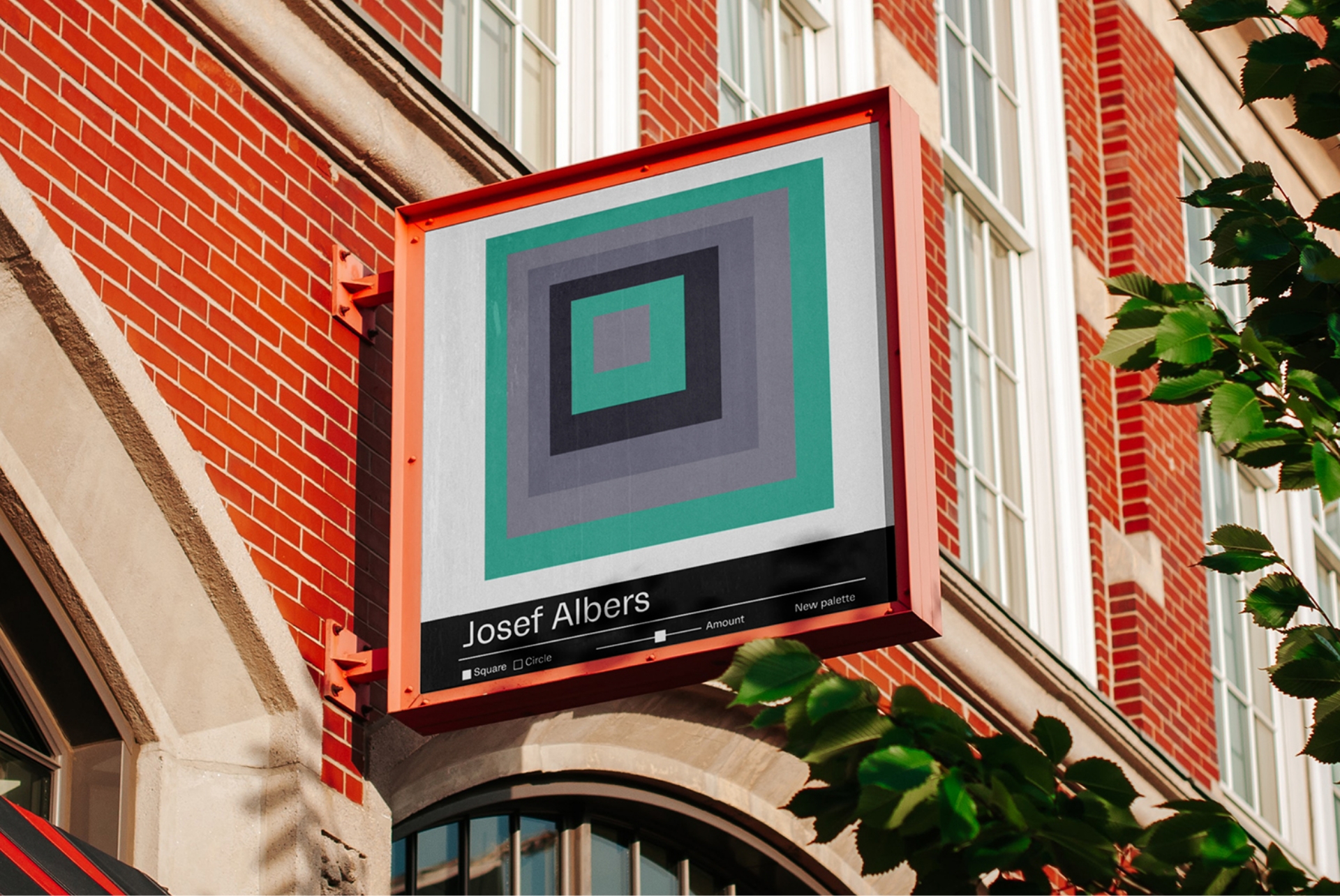 Josef Albers design generator. Colored squares rendered on red signage on the wall.