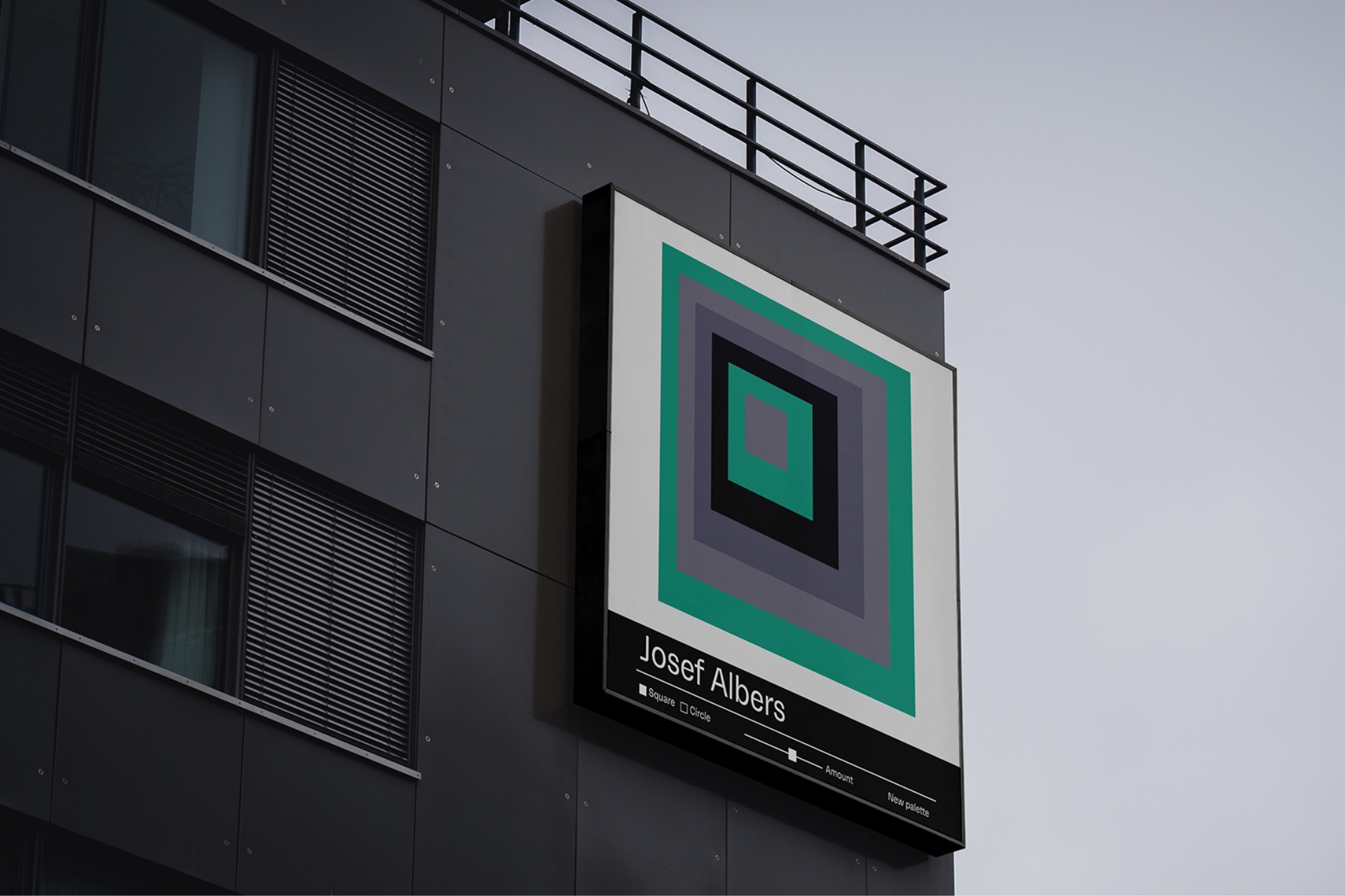 Josef Albers design generator. Colored squares rendered on an architectural facade.