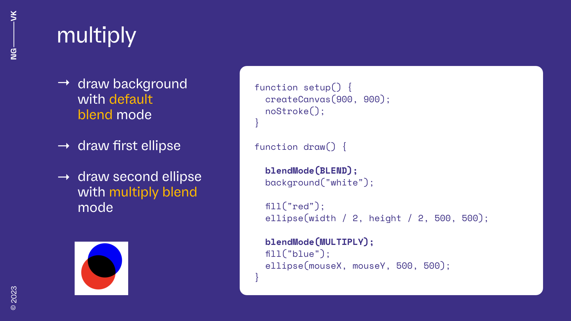 slide explaining how to create blend modes with code in p5.js