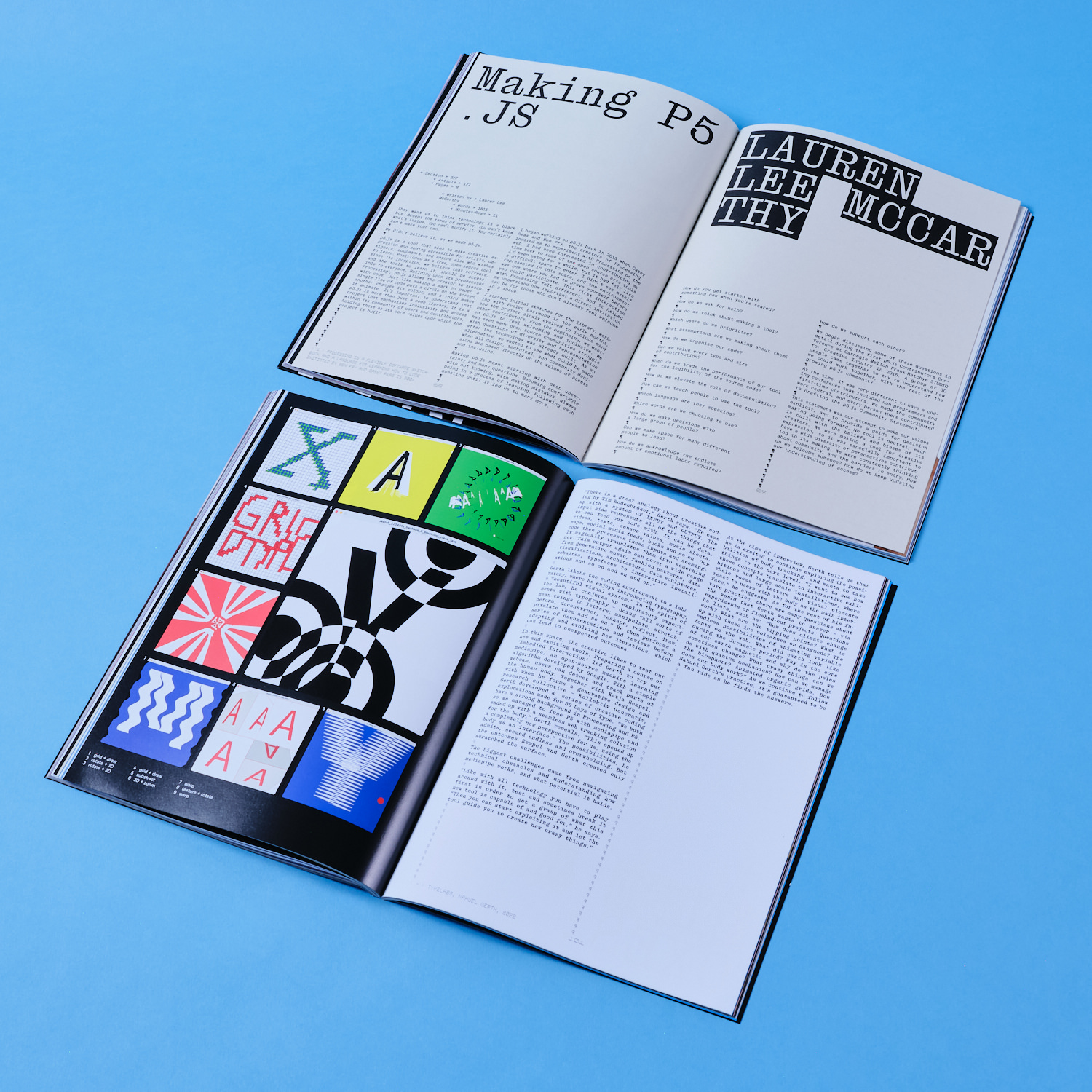 type01 magazine creative coding issue spreadsheet showing letter experiments with p5.js