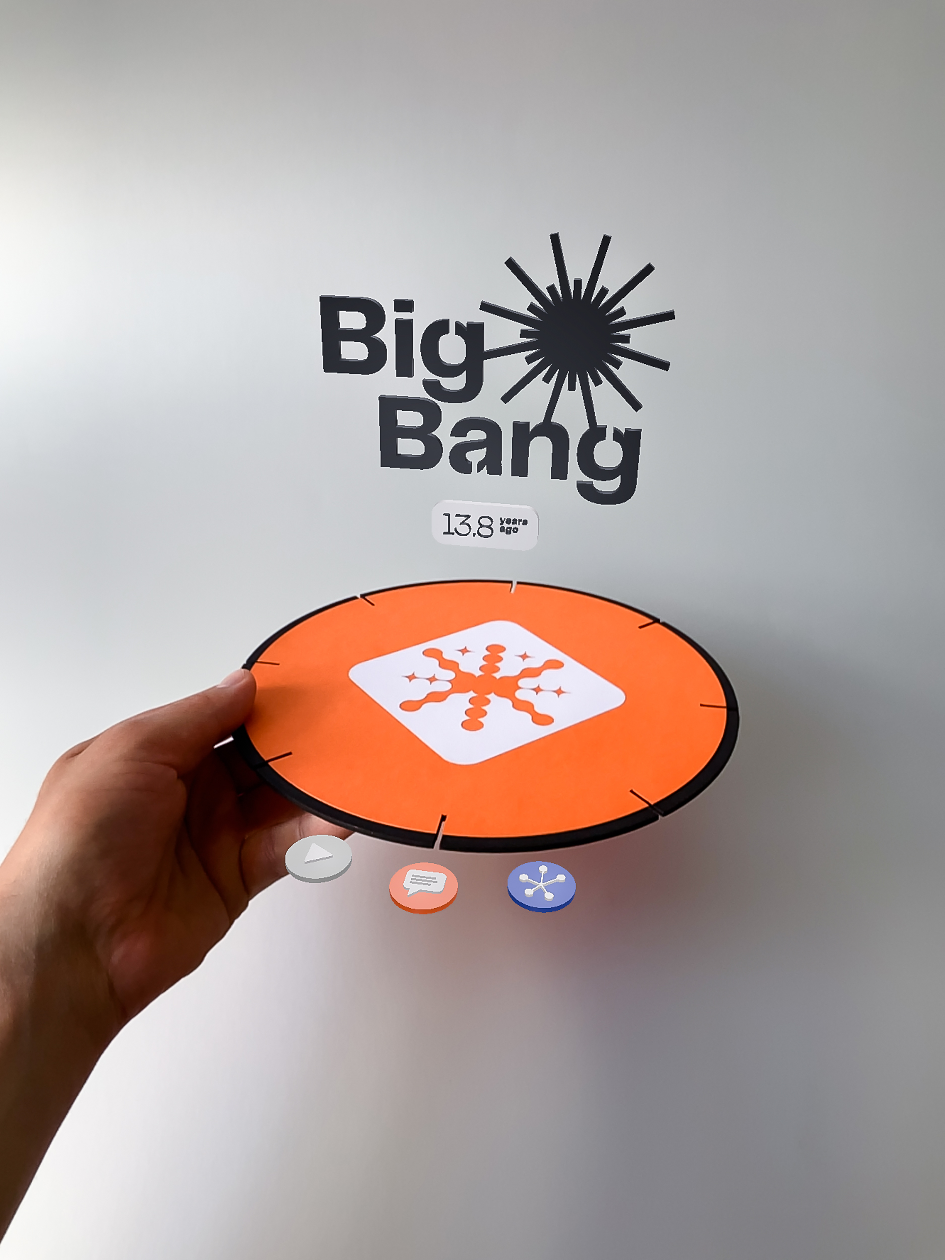Augmented reality prototype of cardboard modules launching the big bang event.