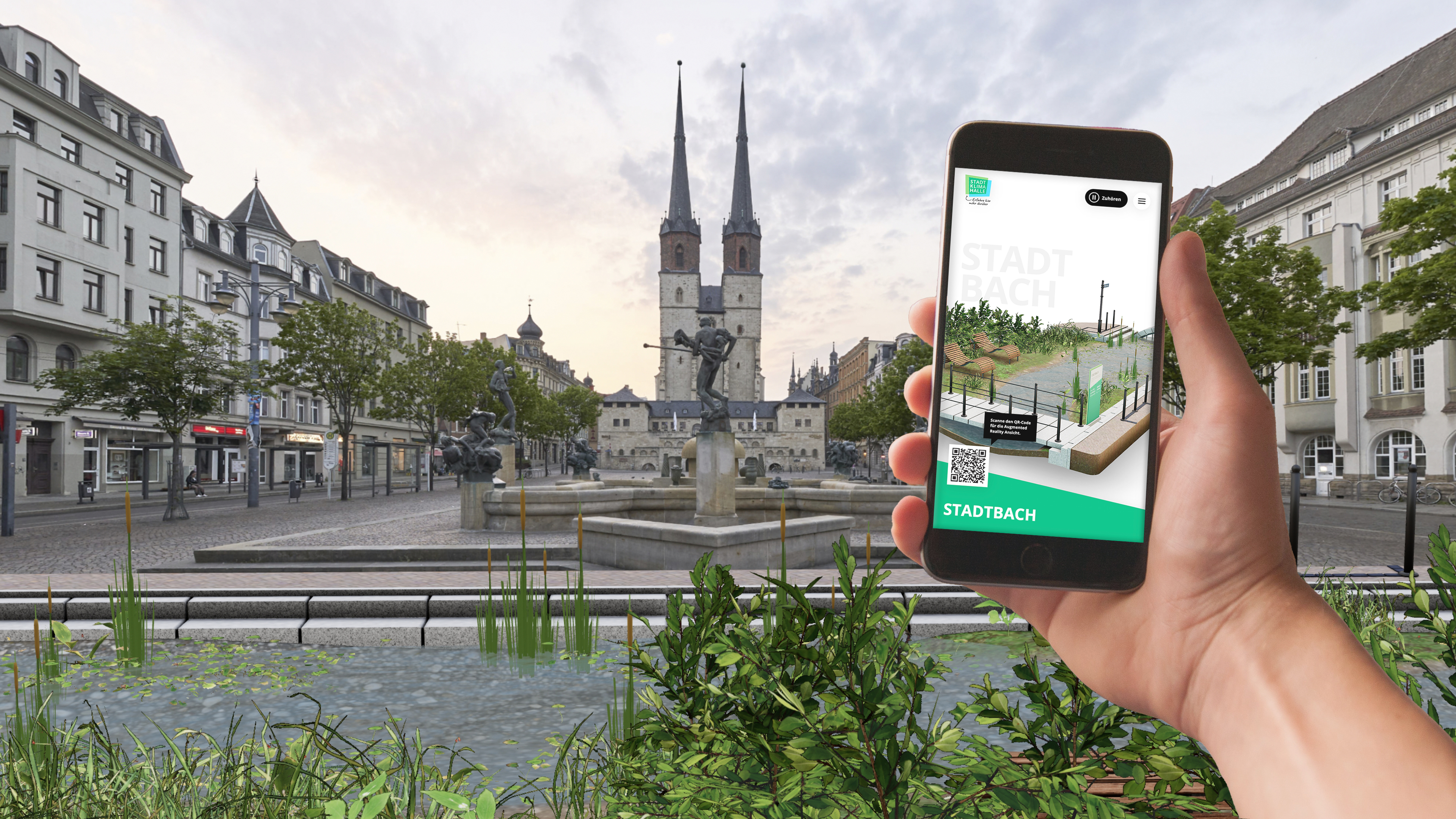 Augmented reality web application showing new environmental friendly concepts for urban space on Stadtmarkt in Halle, Germany.