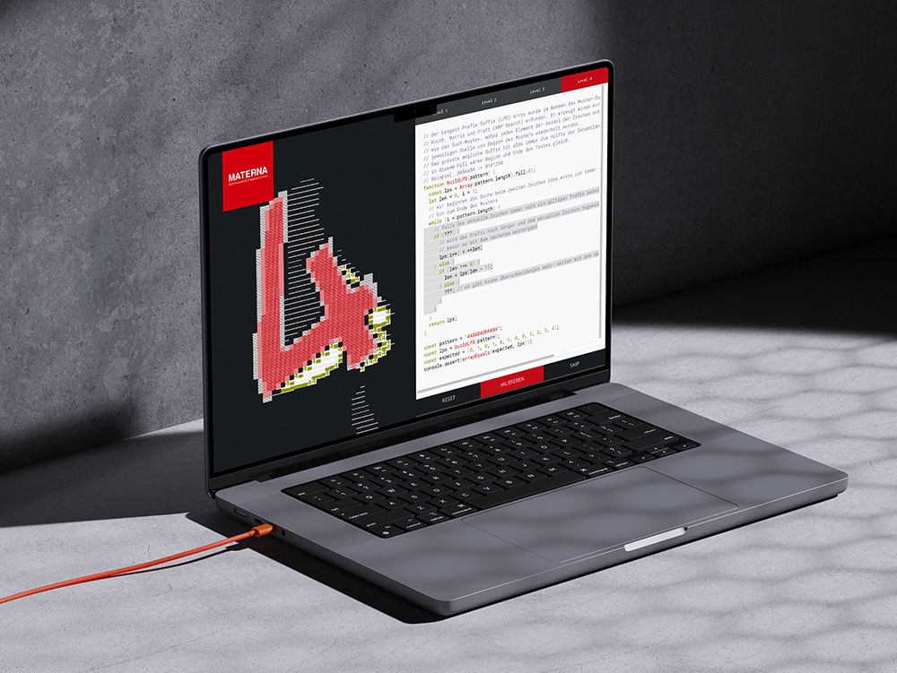 Creative coding application for Materna with Meire and Meire. A visual ascii generator translates the code into text images.