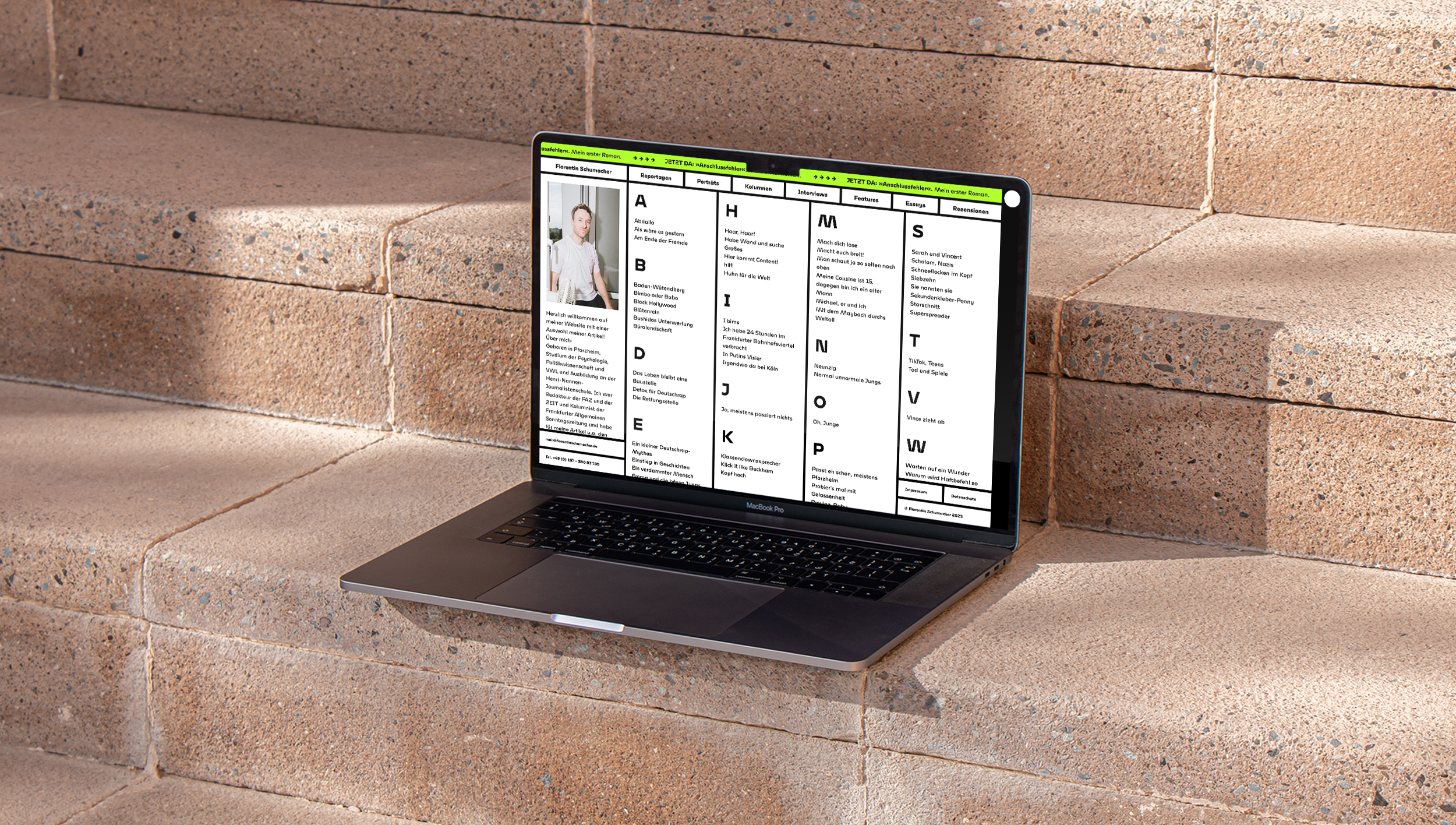Website for Florentin Schumacher. A typographic letter index lists all articles on the landingpage in a black and white grid view.
