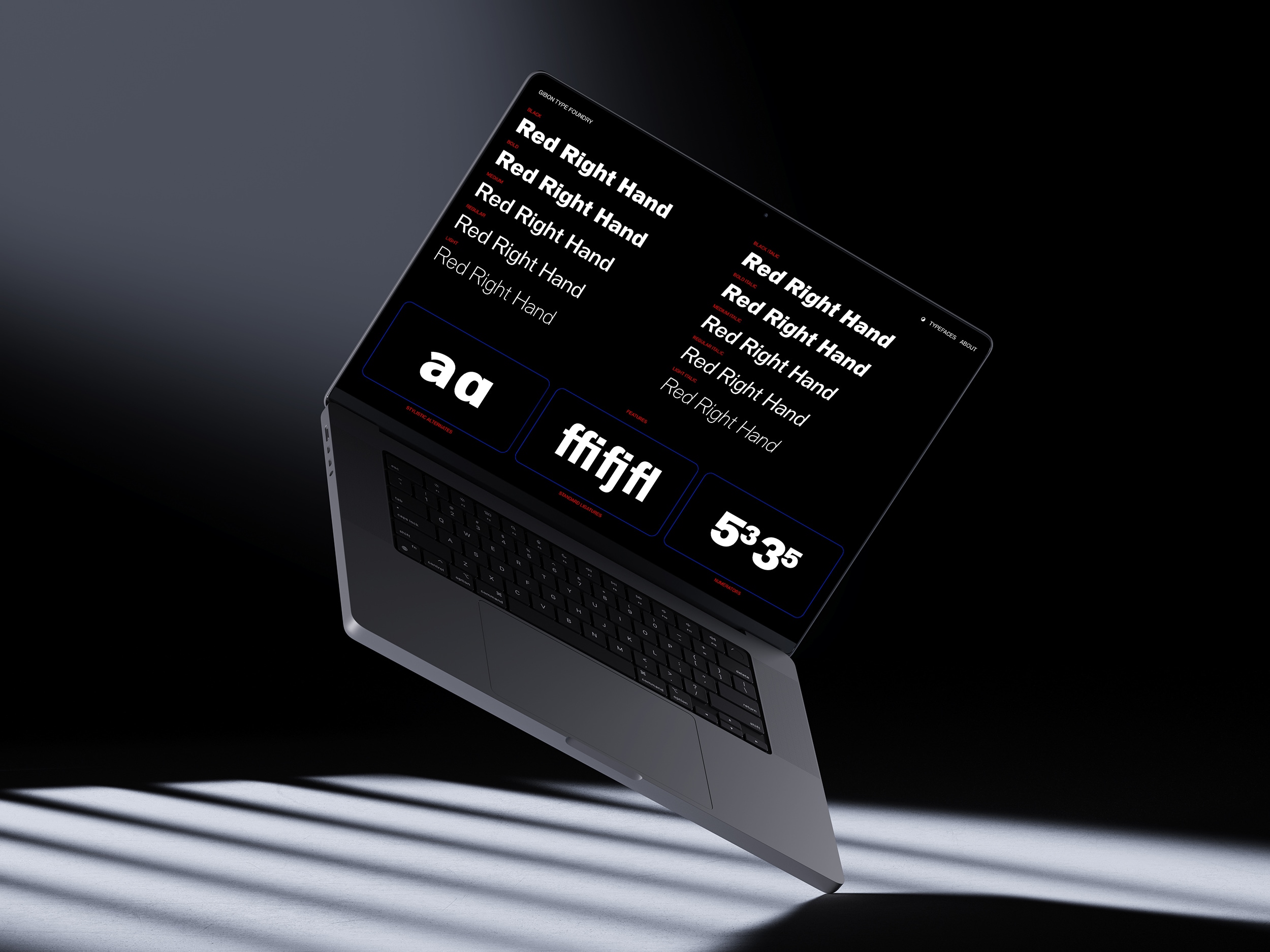 Website for Gibon Type Foundry. Overview of different weights and cuts of the typefaces.