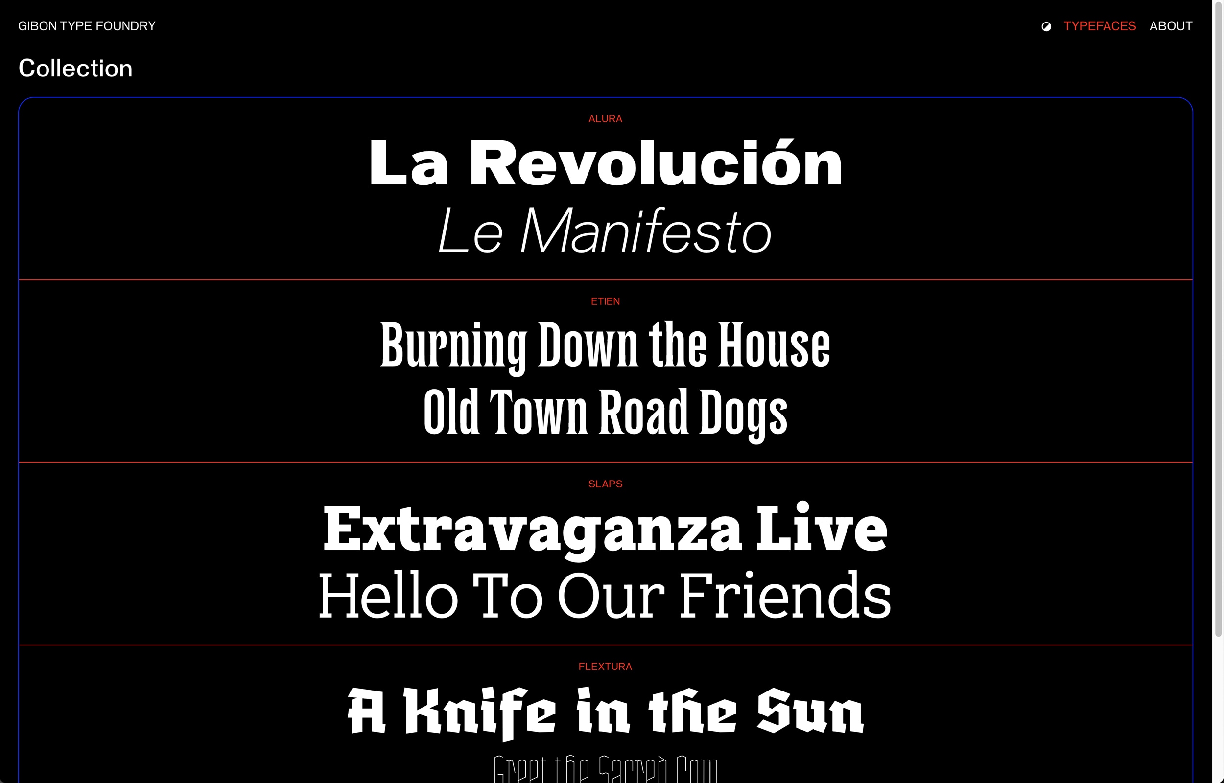 Website for Gibon Type Foundry. Overview of different weights and cuts of the typefaces.