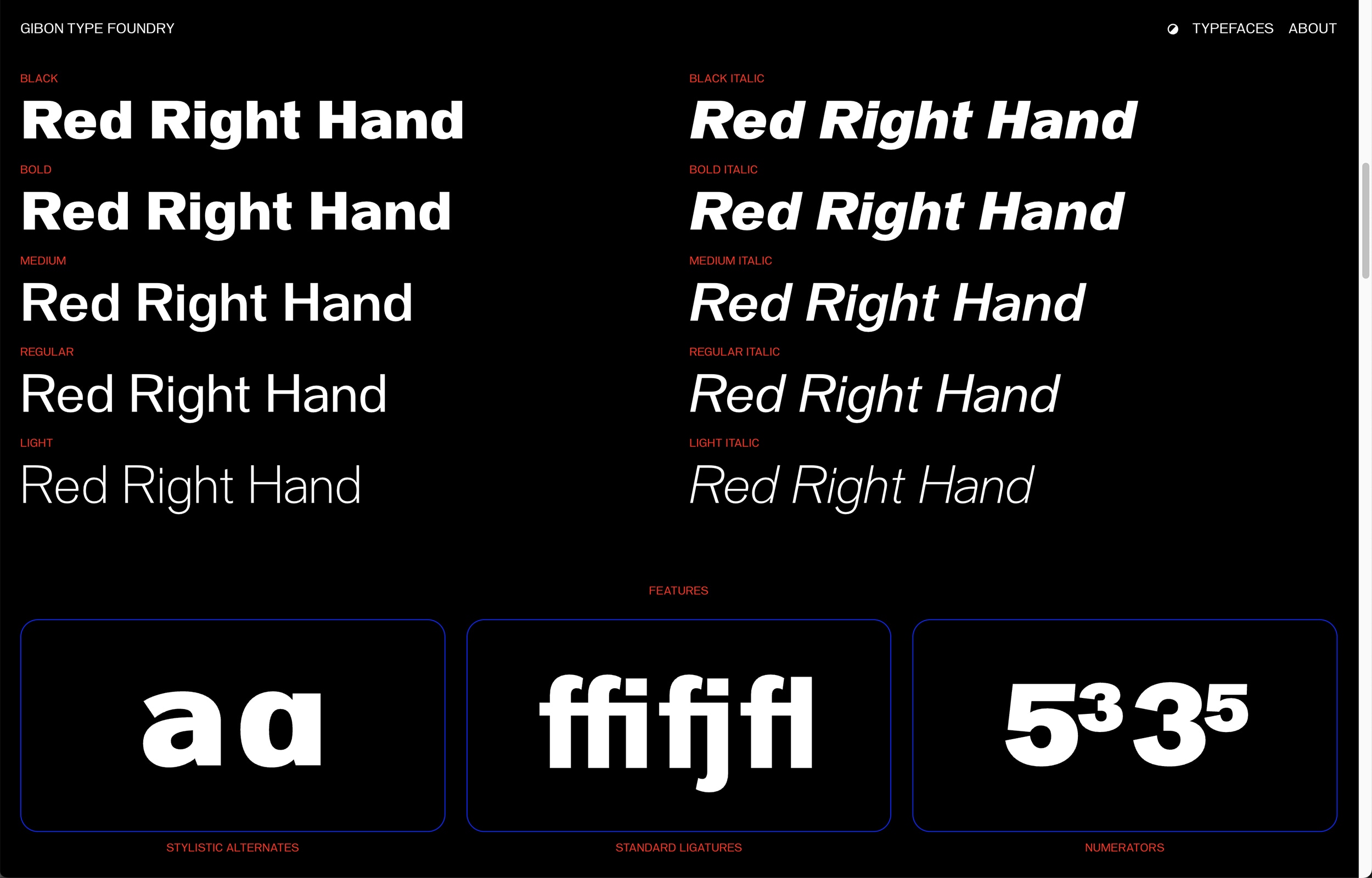 Website for Gibon Type Foundry. Overview of different weights and cuts of the typefaces.