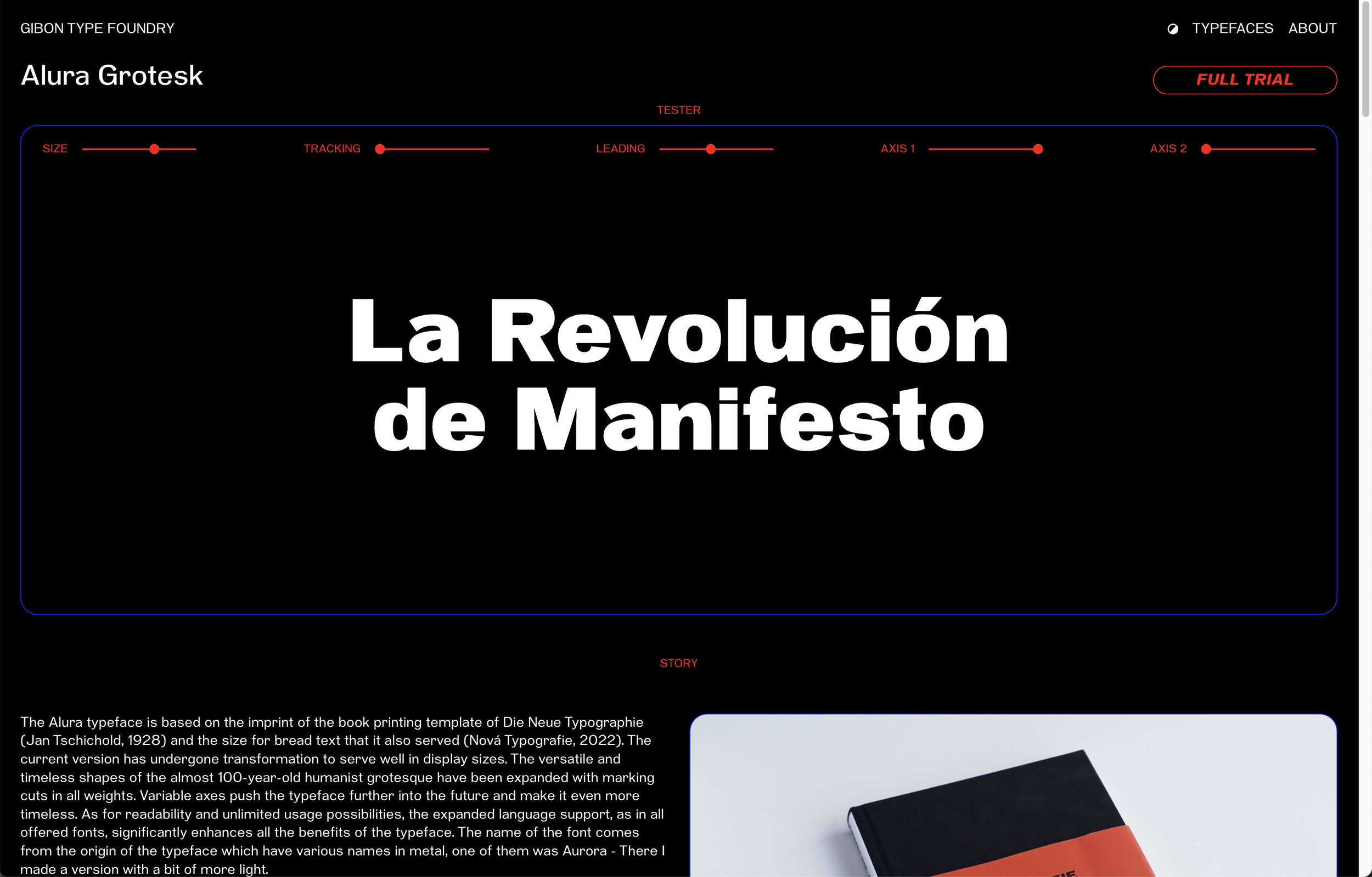 Website for Gibon Type Foundry. Overview of different weights and cuts of the typefaces.