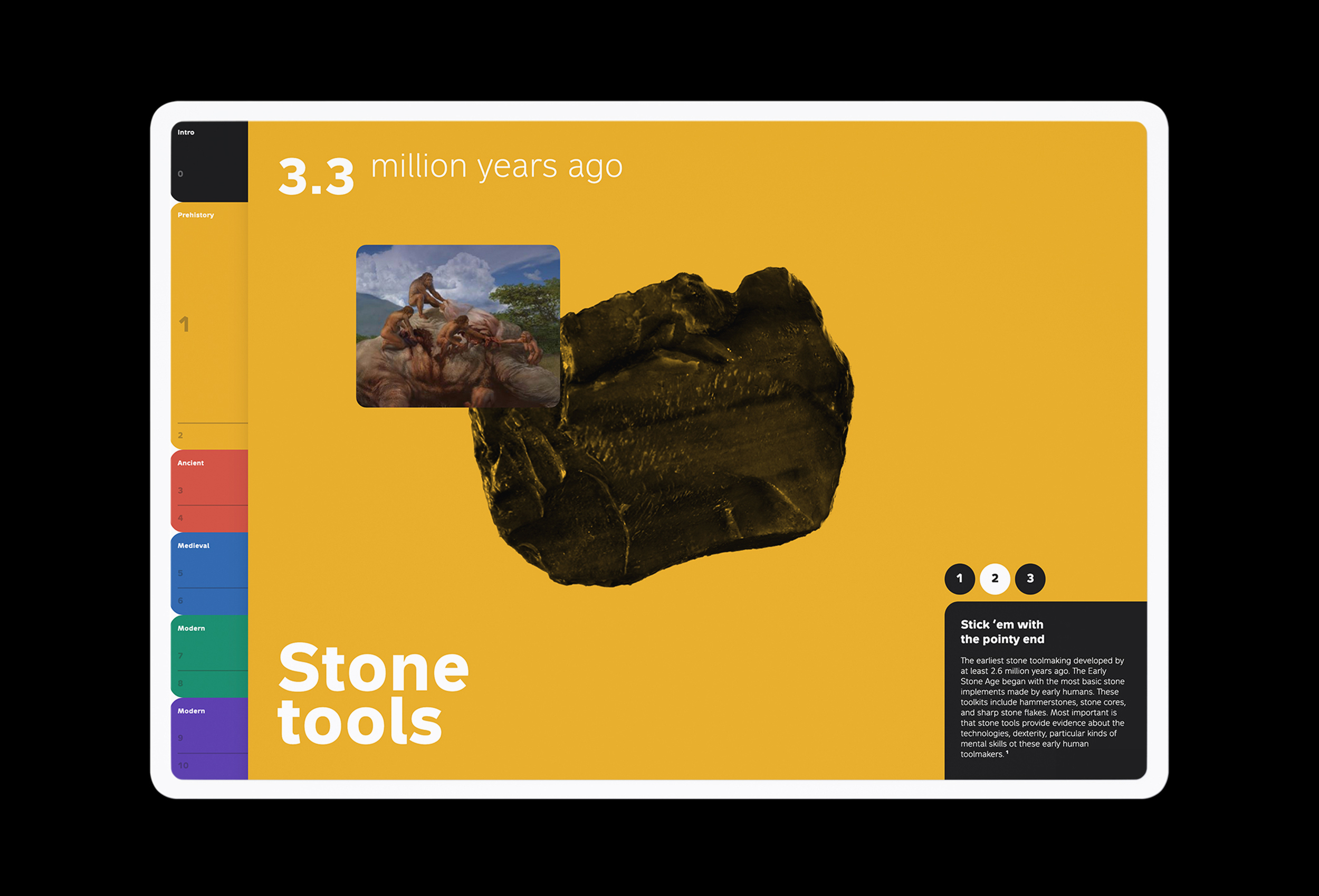 Interactive 3D model of a prehistorical stone tool on yellow ground (design by Nahuel Gerth)