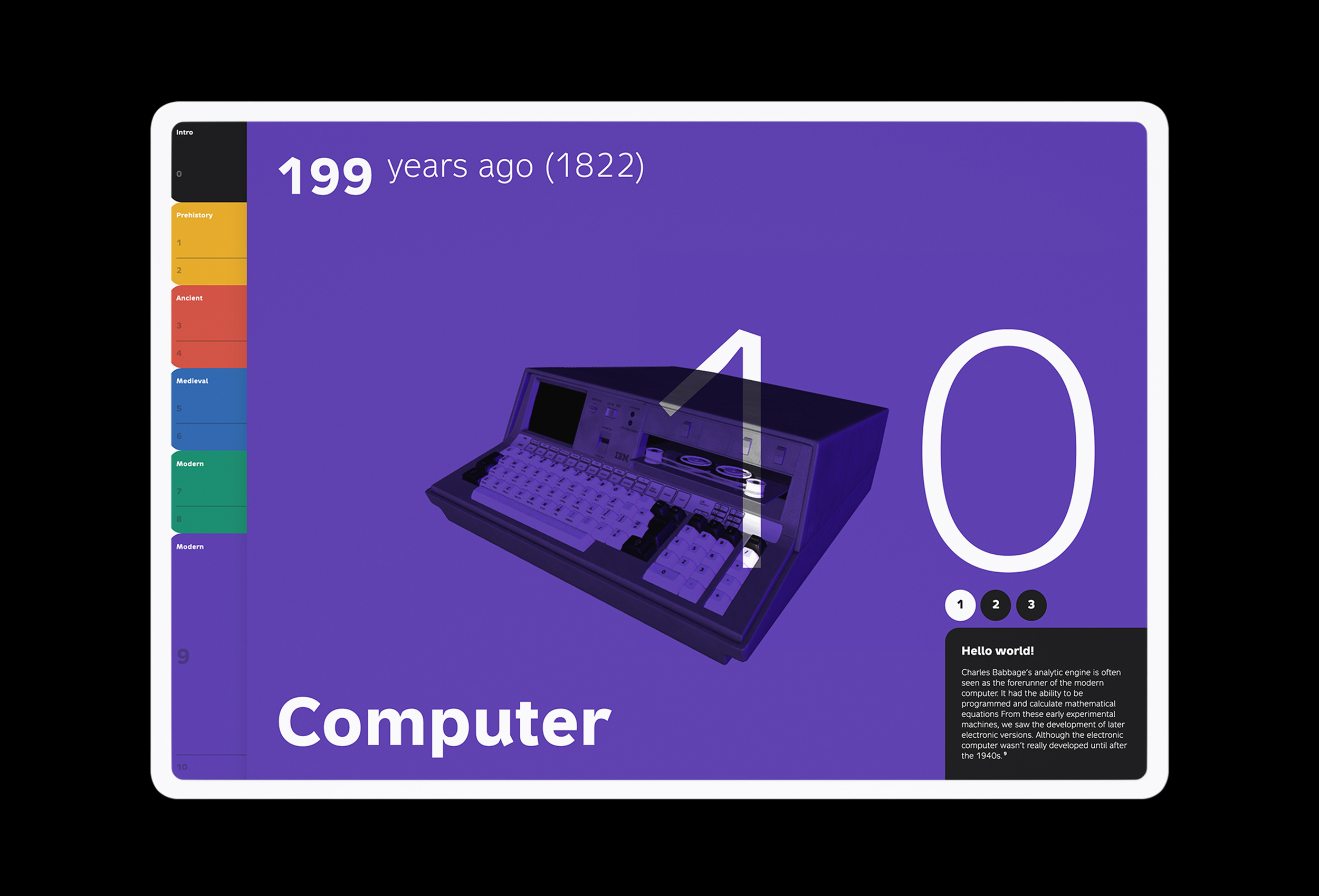 Interactive 3D model of an early computer on purple ground (design by Nahuel Gerth)