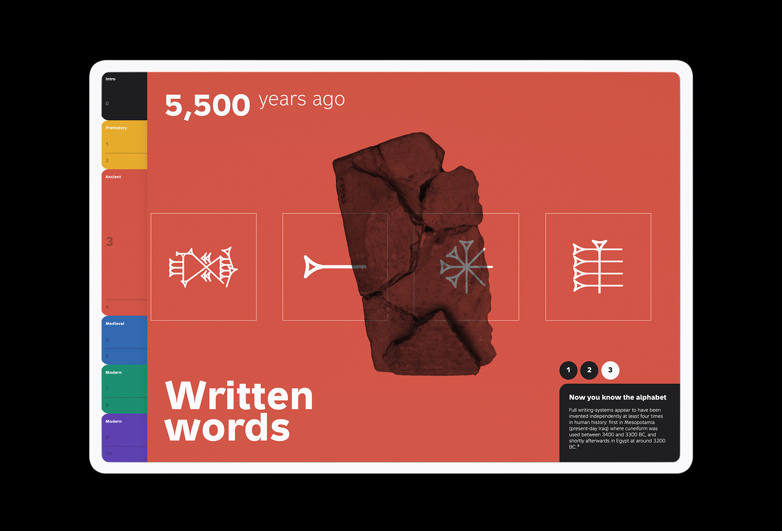 Interactive 3D model of Mesopotamian kuneiform type on red ground (design by Nahuel Gerth)