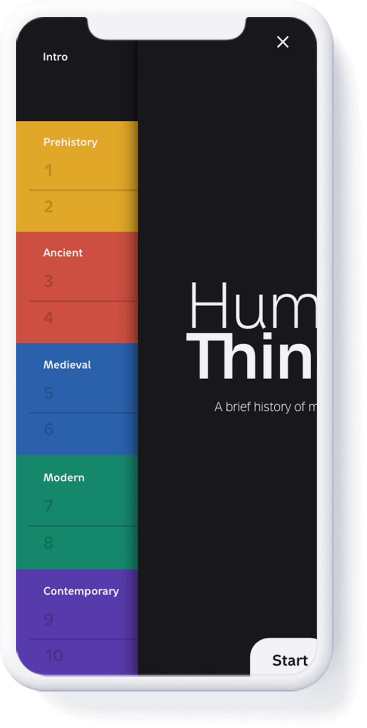 Human things mobile layout with side navigation through different time periods (design by Nahuel Gerth)