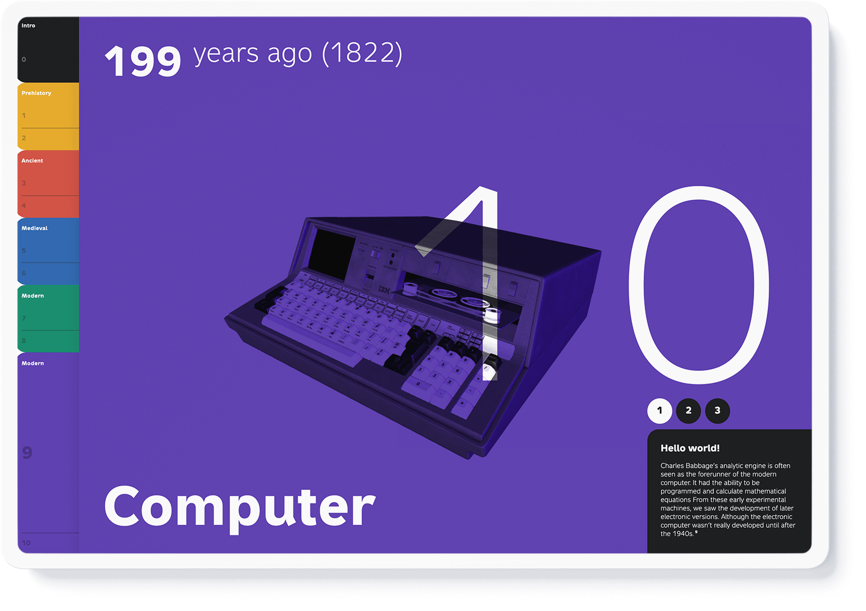 Interactive 3D model of an early computer on purple ground (design by Nahuel Gerth)