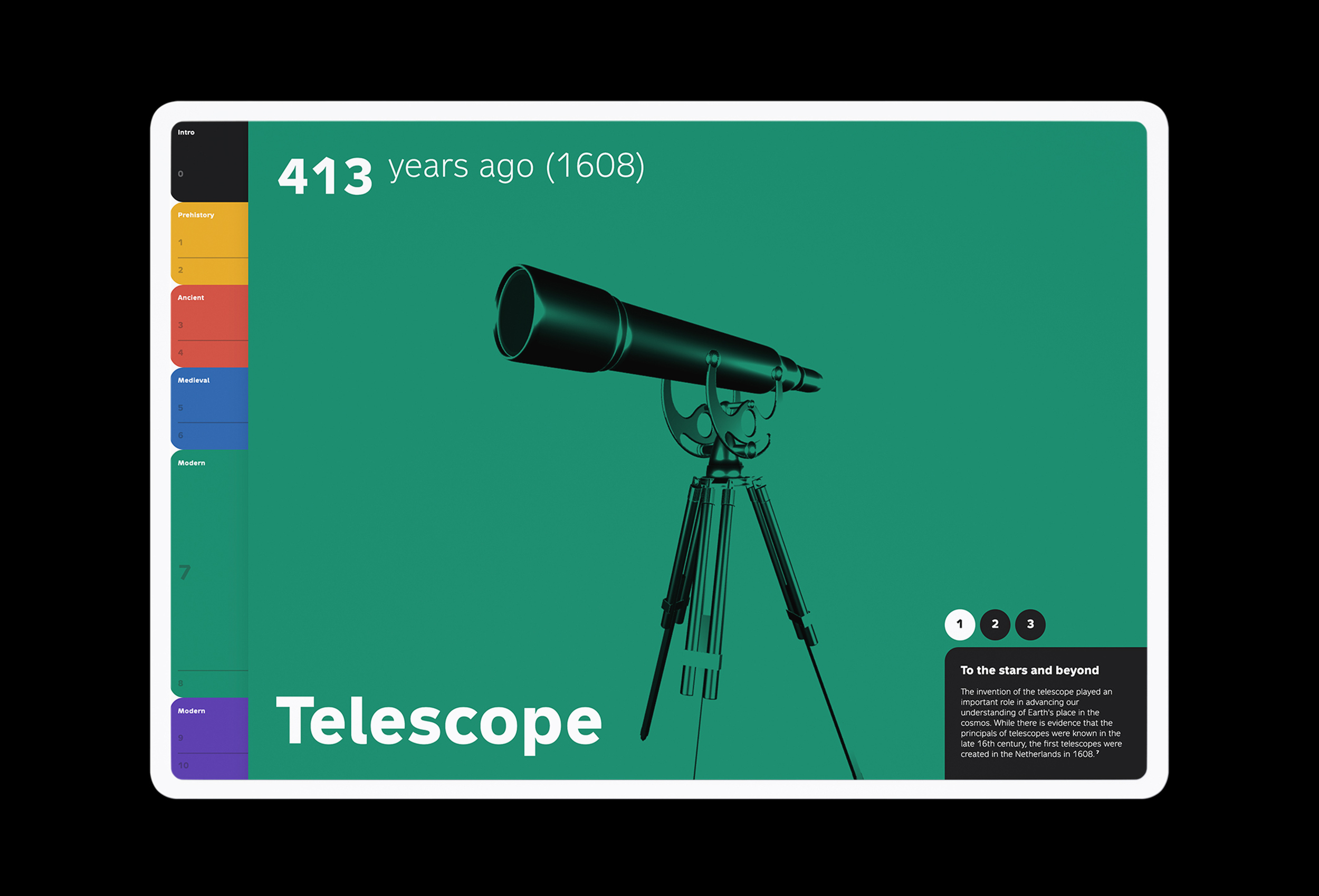 Interactive 3D model of a modern telescope on green ground (design by Nahuel Gerth)