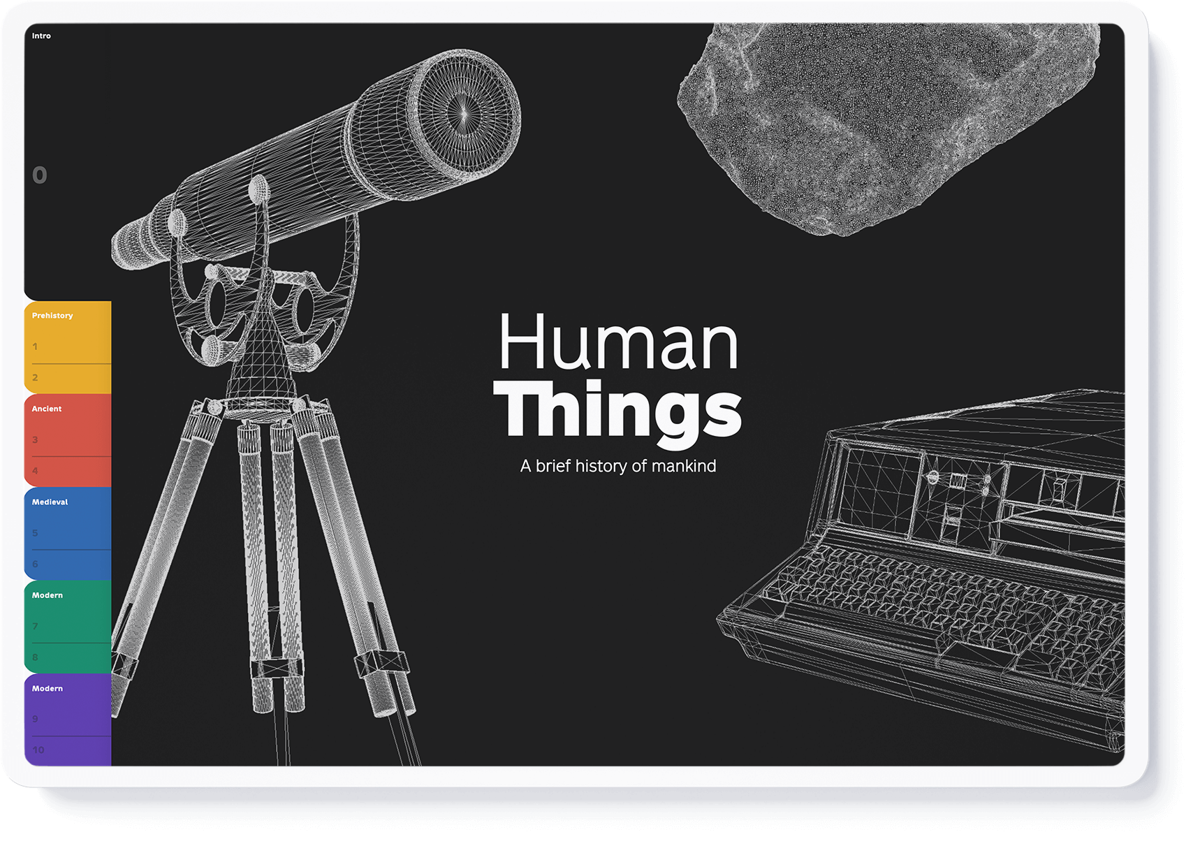 Human things landingpage showcasing a telescope, a stone tool and an early computer (design by Nahuel Gerth)