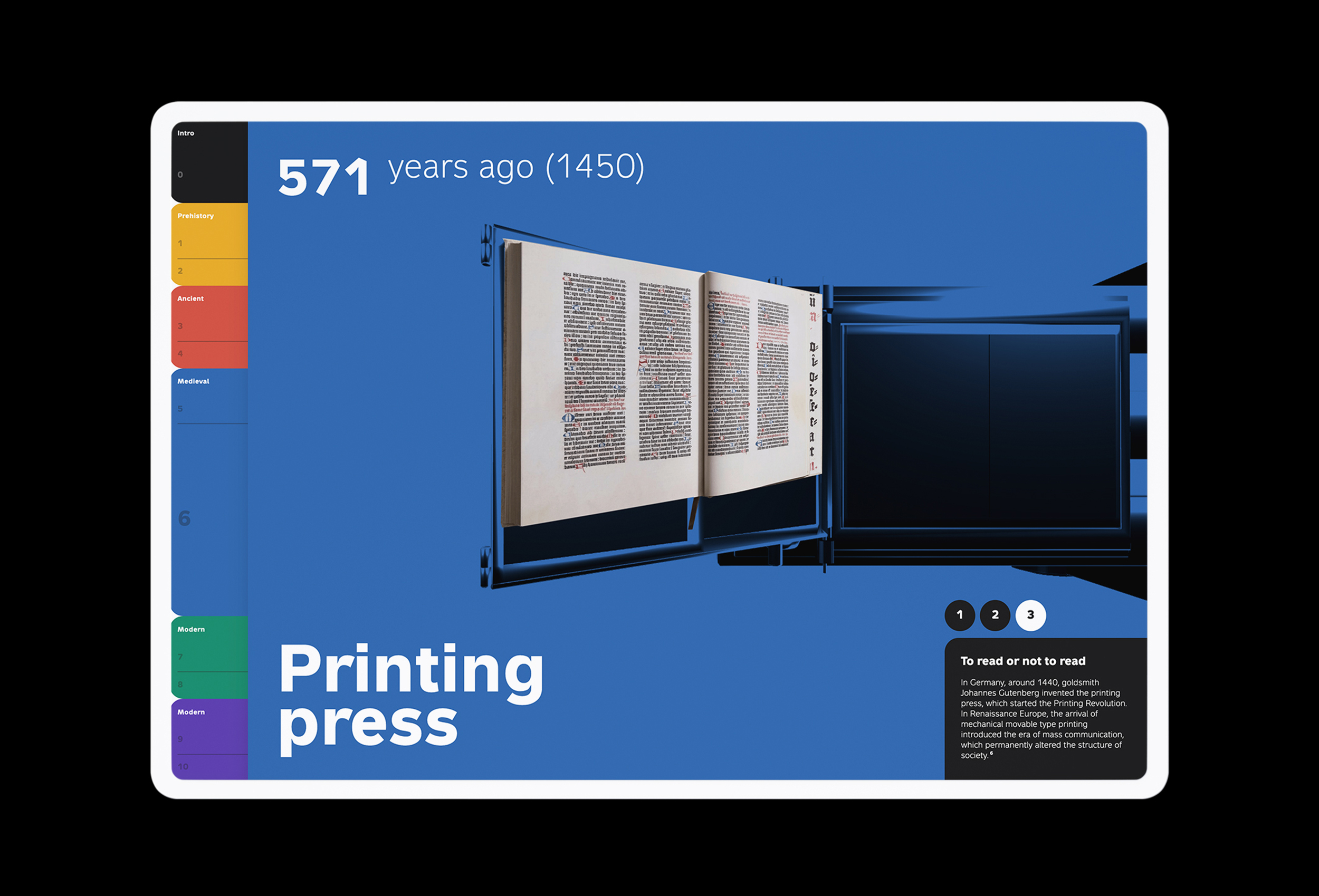 Interactive 3D model of a medieval printing press on blue ground (design by Nahuel Gerth)
