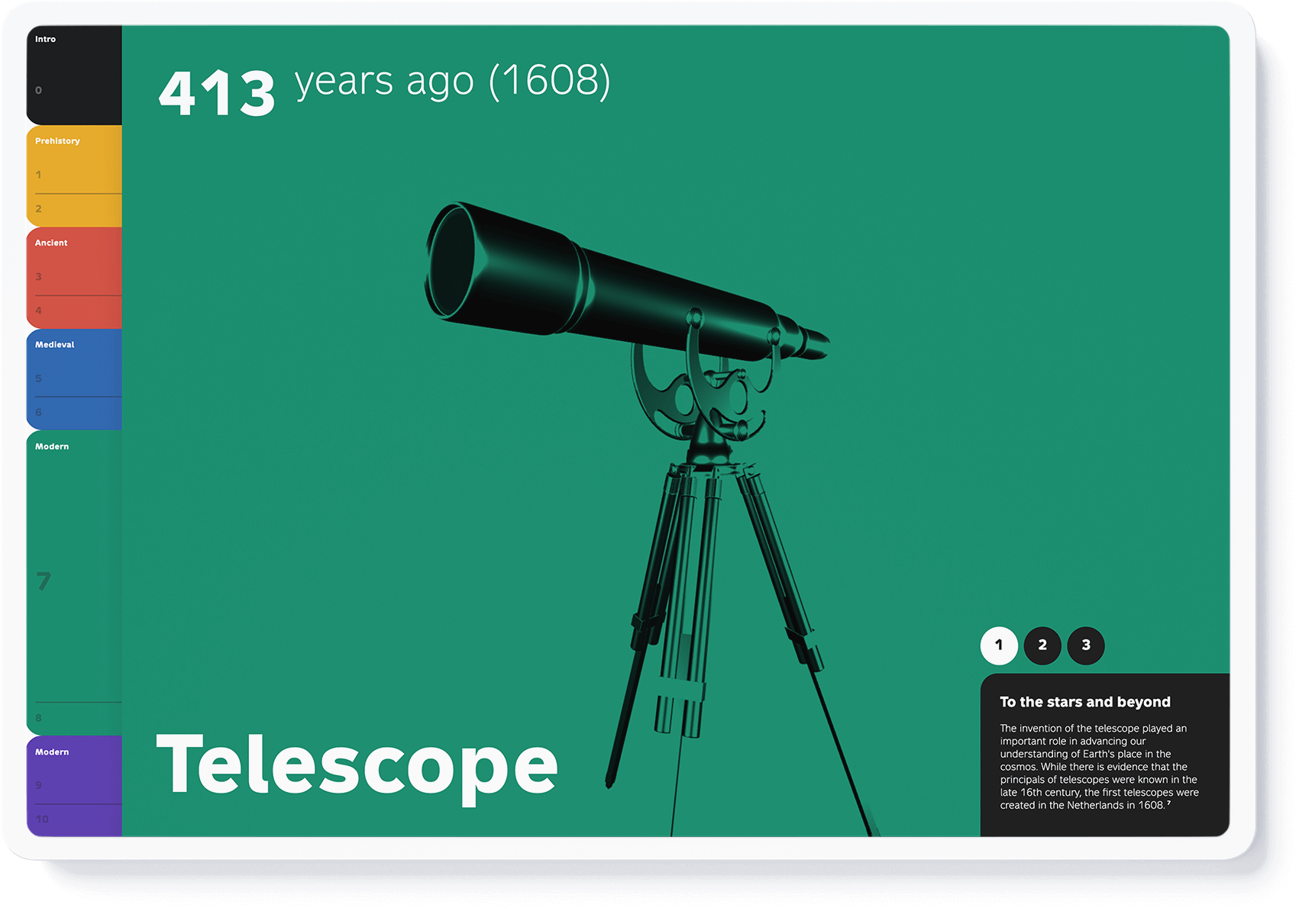 Interactive 3D model of a modern telescope on green ground (design by Nahuel Gerth)