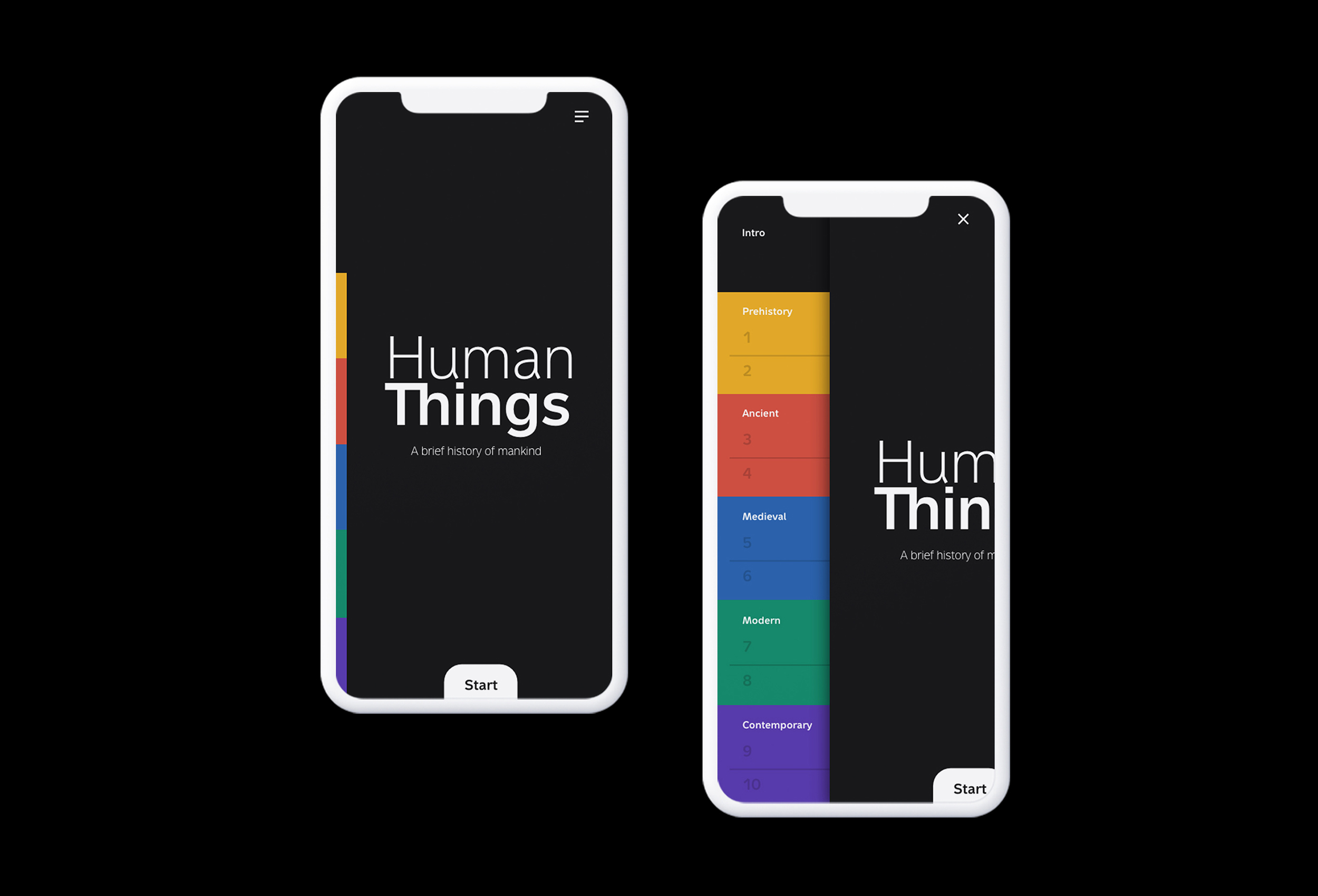 Human things mobile layout with side navigation through different time periods (design by Nahuel Gerth)