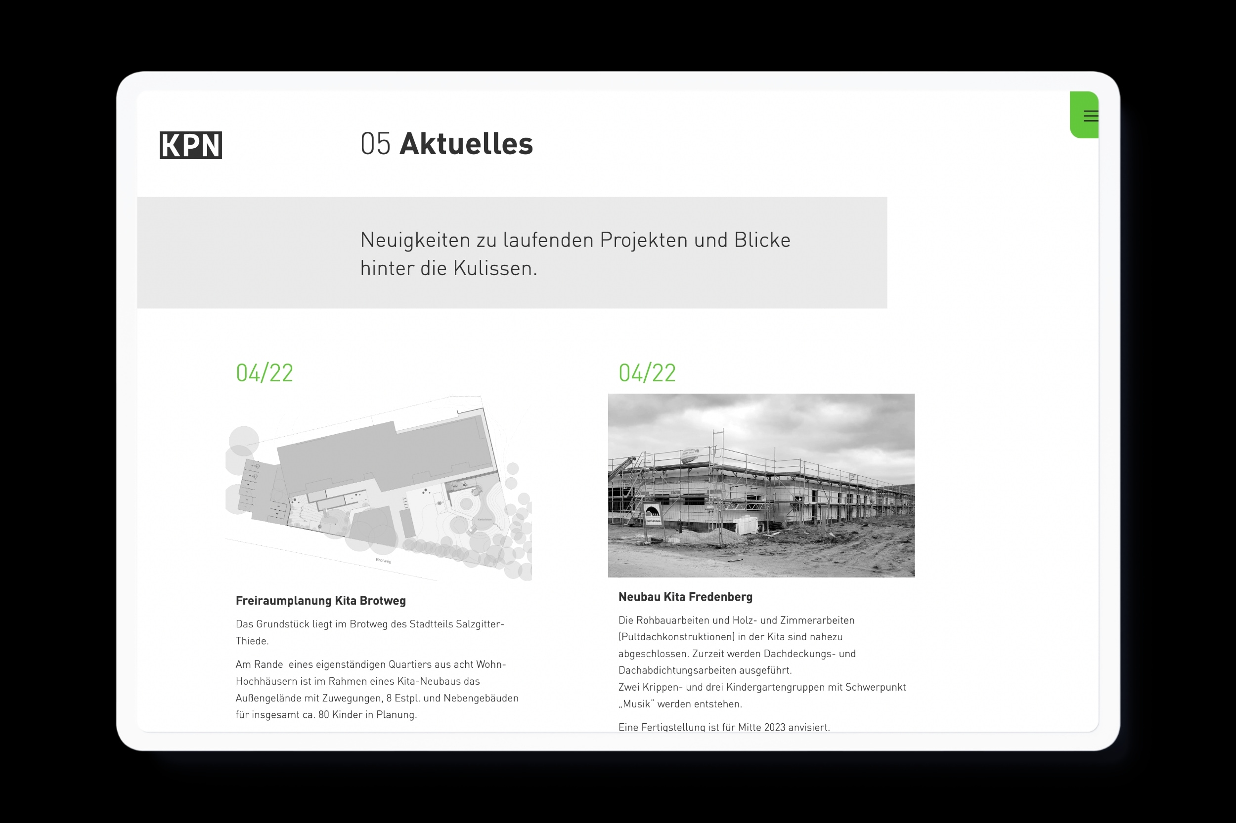 Website for KPN Architekten BDA in Braunschweig with clean typography, a design grid and lightning green color accents.