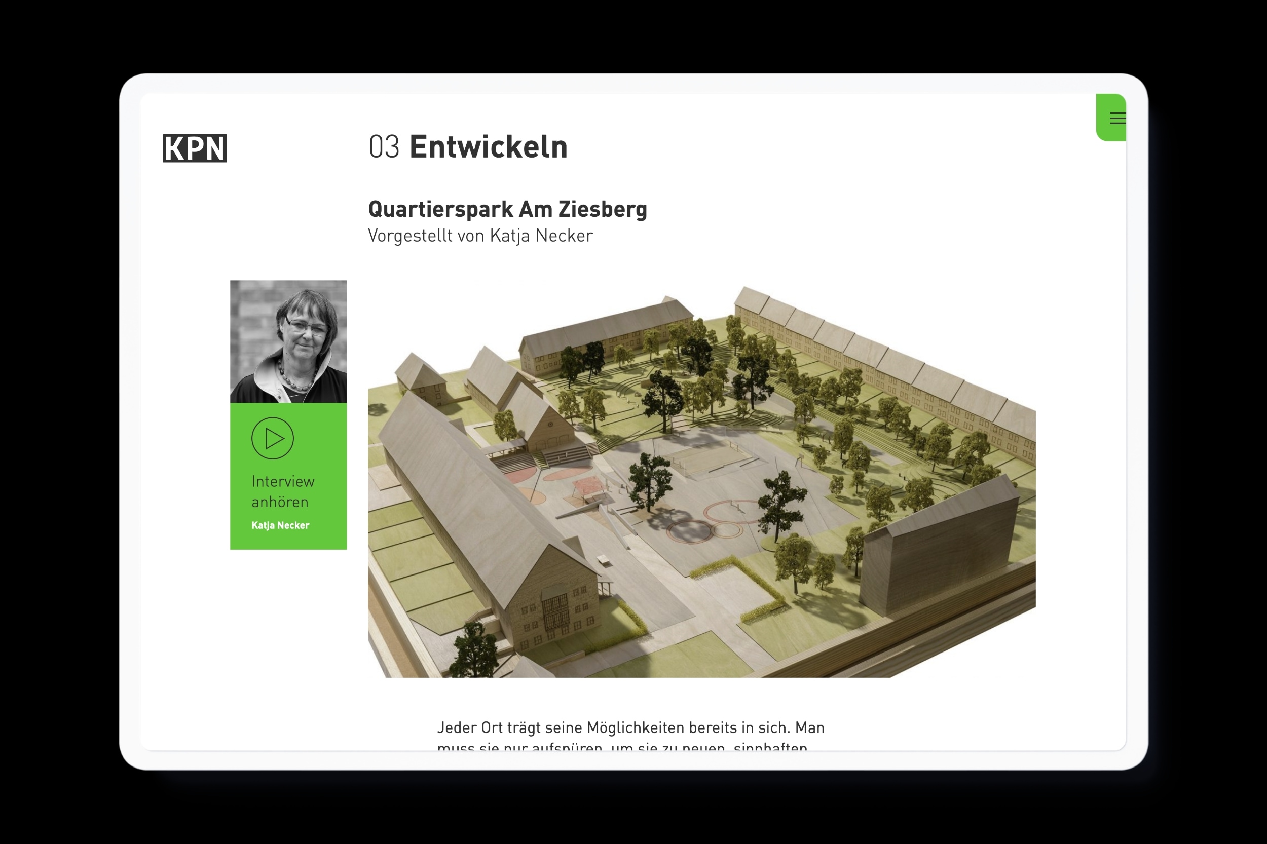Website for KPN Architekten BDA in Braunschweig with clean typography, a design grid and lightning green color accents.