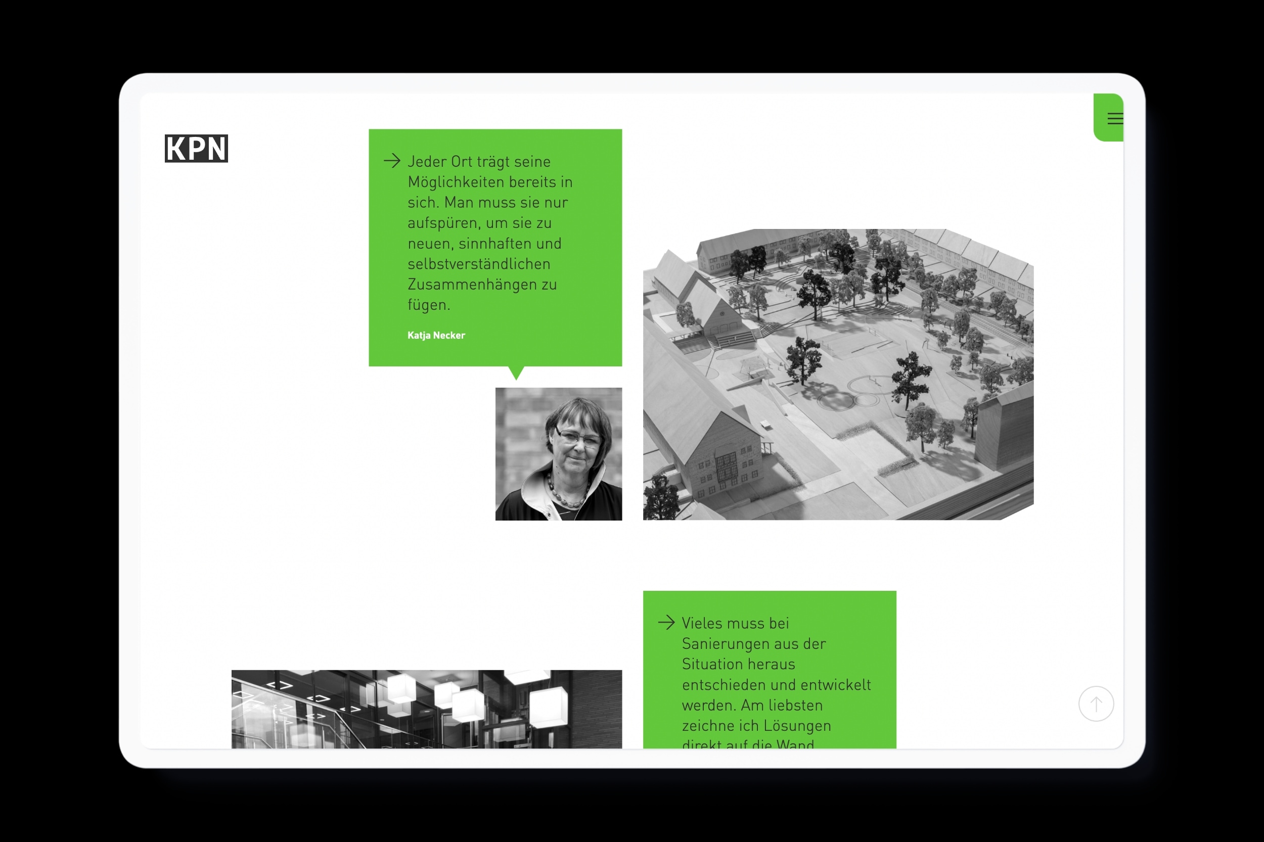 Website for KPN Architekten BDA in Braunschweig with clean typography, a design grid and lightning green color accents.