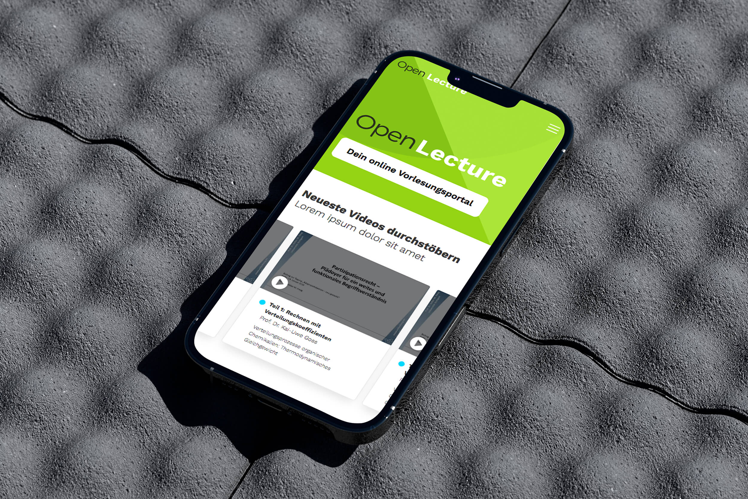 OpenLecture learning platform landingpage layout with an overview of students course videos (design by Nahuel Gerth)